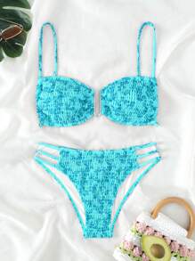 SHEIN Swim Floral Print Shirred Cut-Out Bikini Set 2 Pieces Bathing Suits Summer - Mint Blue - View 4