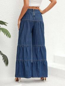 SHEIN Essnce Ruffle Hem Wide Leg Jeans - Light Wash - View 2