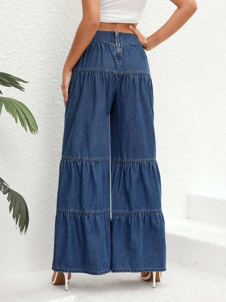 SHEIN Essnce Ruffle Hem Wide Leg Jeans | SHEIN USA
