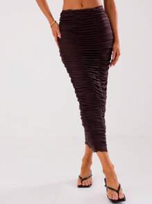 MUSERA Mesh Double Ruched Fitted Maxi Skirt Elegant Summer Sexy Party - Brown - View 3