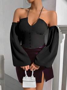 Zolique Camiseta sin mangas con escote descubierto de unicolor para mujer con tirantes finos, verano - Negro - Ver 1