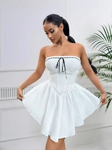 SHEIN SXY Ladies' Color-Block Strapless Asymmetrical Hem Jumpsuit With Wireless Design For Summer - White - View 2