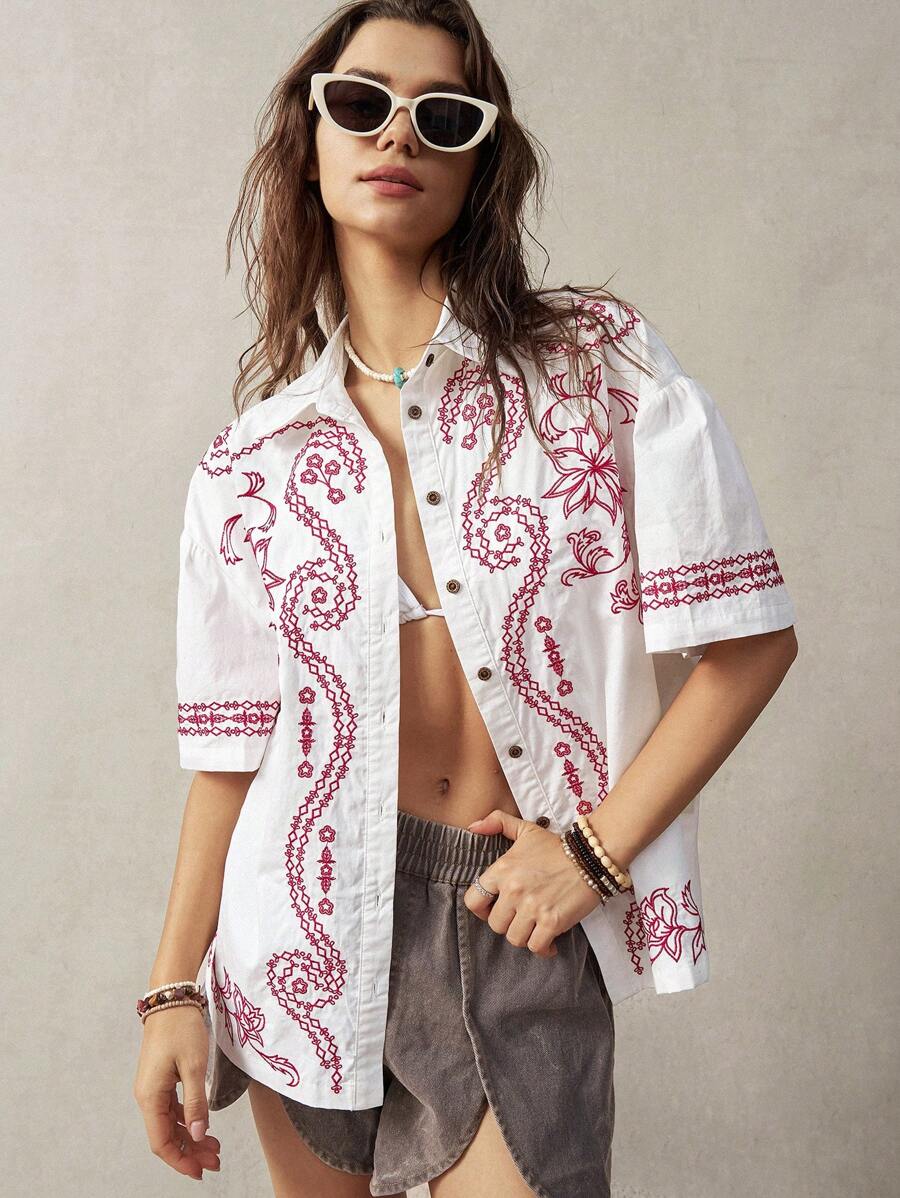 Bohemela 女性教師度假刺繡裝飾休閒襯衫 - 白色 - 查看 1