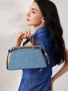 MOTF PREMIUM CONTRAST BUCKLE DETAIL DENIM-EFFECT PRINT TOP HANDLE BAG - Blue - View 2