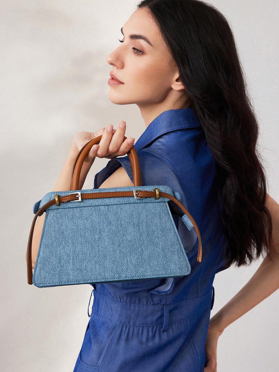 MOTF CONTRAST BUCKLE DETAIL DENIM-EFFECT PRINT TOP HANDLE BAG