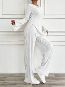 EURMUSE Women's Solid Color Simple Daily Long Sleeve Top And Long Pants 2pcs/Set - White - View 3