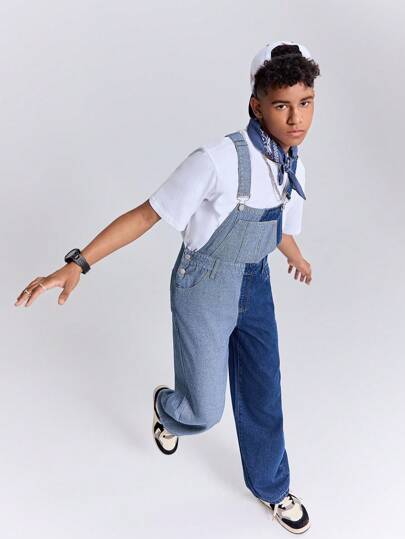 SHEIN 青少年男孩时尚休闲蓝色双色拼接设计男孩宽松牛仔工装裤度假日常穿着