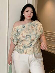 Dazy Plus 大码印花不对称领口优雅宽松上衣，适合夏季度假穿着 - 杏色 - 查看 8