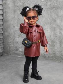 嬰兒女孩秋冬季PU啡紅色酷街風復古休閒日常優雅外套 - 彩色 - 查看 4