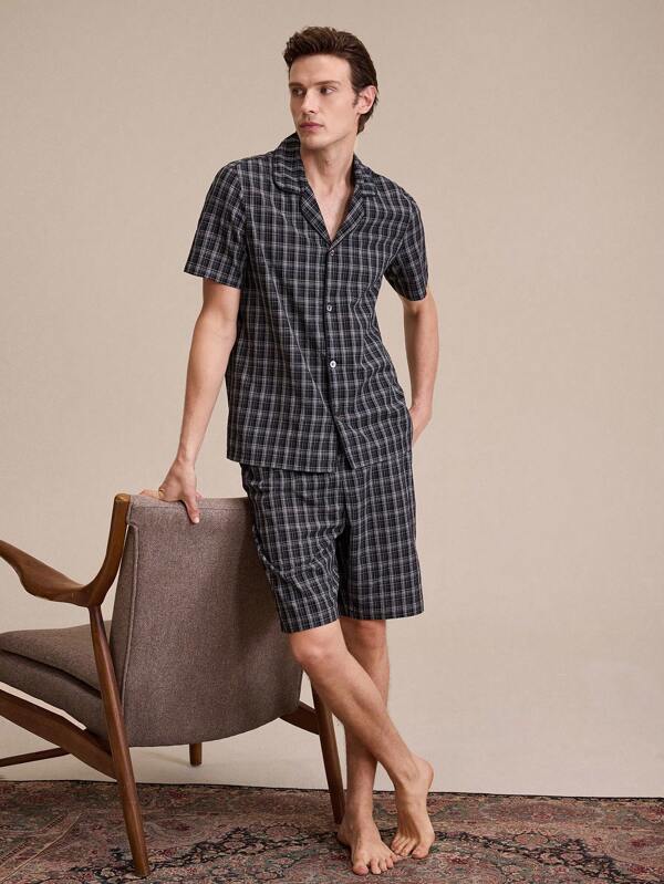 EverLounge Men Plaid Print Button Front Short Sleeve Top & Pants PJ Set