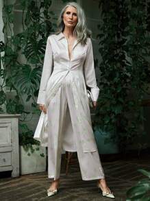 SHEIN LUNE 花卉印花斜口袋褲，適合日常穿著