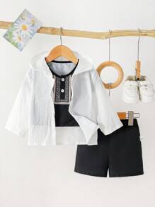 3 件套男婴印花连帽夹克套装，春夏季，保守运动休闲日常服装 - 黑色 - 查看 1