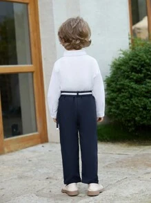 SHEIN Young Boy Gentleman 2pcs Striped Blue Long Sleeve Shirt And Suit Trousers With Belt,Summer Traditional Wedding Birthday Party Evening Performance Set - White - View 2