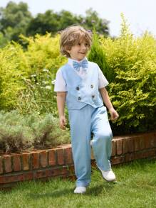 Conjunto para niños pequeños de chaleco de tela de malla azul estilo caballero con doble botonadura, decorado con pajarita y pantalones largos, adecuado para todas las estaciones. Se puede combinar con camisa de manga larga/corta. Ideal para fiestas. - Azul - Ver 6