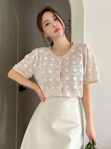 DAZY Lace Round Neck Women's Solid Color Simple Daily Top Sheer - Apricot - View 7