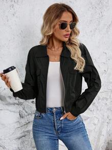 SHEIN LUNE Flip Pocket Drop-Shoulder UV Protection Functional Black Jacket - Black - View 5