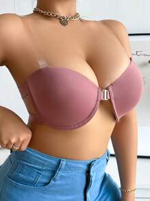 大尺寸純色前扣內衣帶鋼圈，1件 - 棕色 - 查看 5