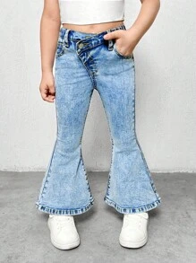 SHEIN Young Girls Y2K Blue Denim Flared Jeans,Summer Boho Thin Denim Pants,Young Girl Summer Cute Break Clothes Outfits - Light Wash - View 3