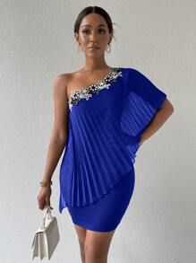 Chiquease Ladies' Oblique-Shoulder Pleated Tight Embroidery Patchwork Dress, Summer - Blue - View 6