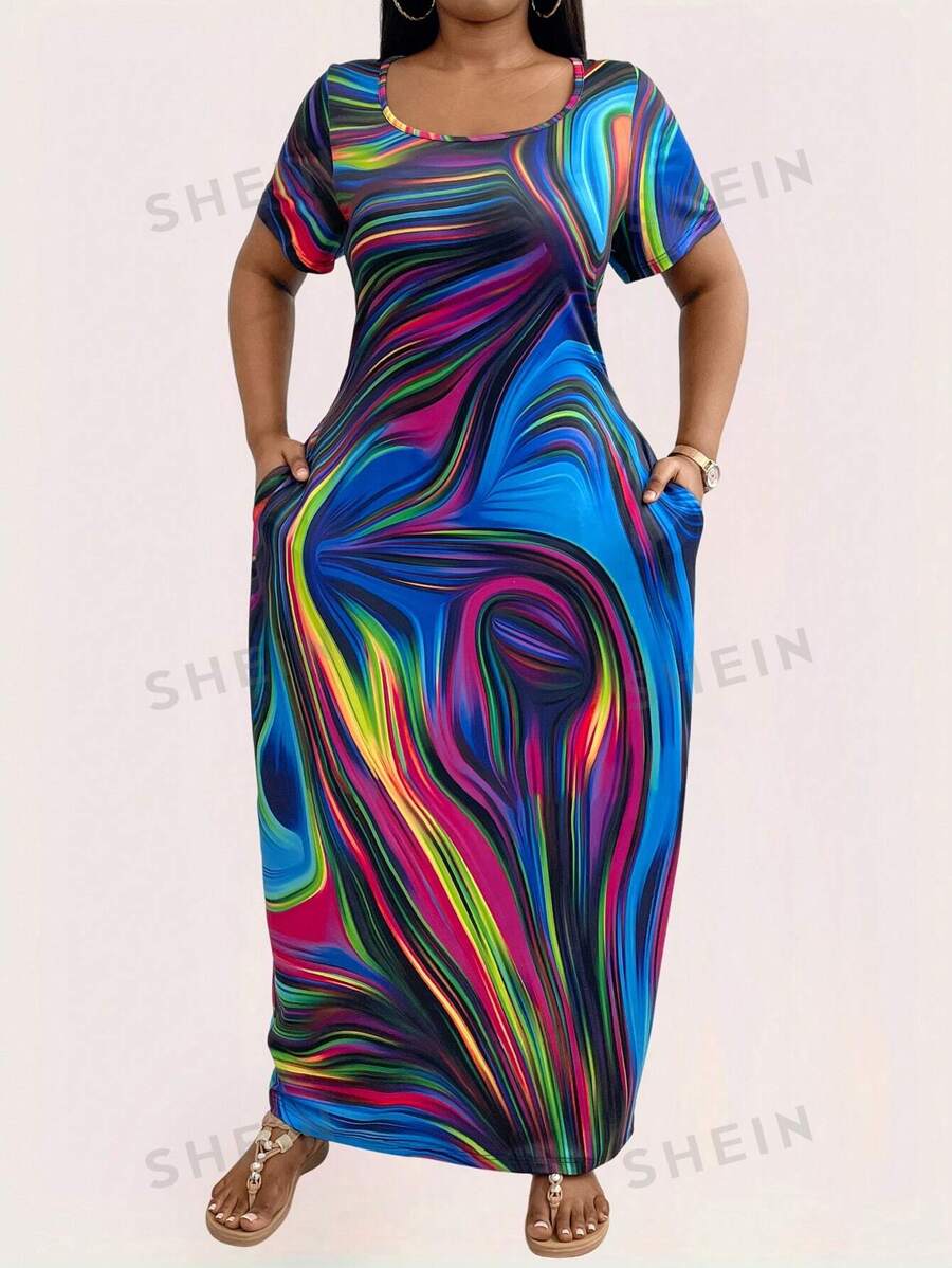 Maweii Vestido maxi de manga corta con cuello cuadrado para mujer de talla grande