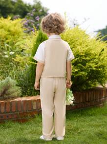 Boys' Pleated Shirt Collar And Bow Tie Linen Vest And Long Pants Gentlemen Outfit - Khaki - View 2