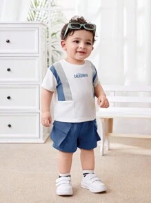 SHEIN Baby Jungen Lässig Set aus Rundhals-Farbblock Kurzarm T-Shirt mit Buchstaben Muster und Shorts