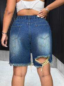 SHEIN ICON Quần short denim đau khổ hàng ngày màu trơn đơn giản dành cho nữ Plus Size - Màu xanh lam - Xem 2