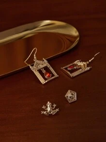 HARRY POTTER X SHEIN 2 Pairs Red Rhinestone & Golden Earrings (Studs + Dangle) - Multicolor - View 2