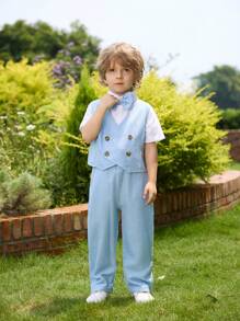 Conjunto para niños pequeños de chaleco de tela de malla azul estilo caballero con doble botonadura, decorado con pajarita y pantalones largos, adecuado para todas las estaciones. Se puede combinar con camisa de manga larga/corta. Ideal para fiestas. - Azul - Ver 3