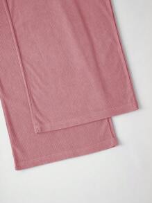 SHEIN 固色褶皺休閒寬褲，適用於日常穿著 - 粉色 - 查看 4