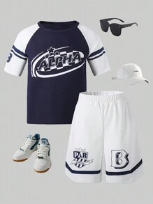 SHEIN 2 chiếc áo thun nam tay ngắn in họa tiết và quần short thường ngày, dành cho thanh thiếu niên và người lớn - màu đen - Xem 1