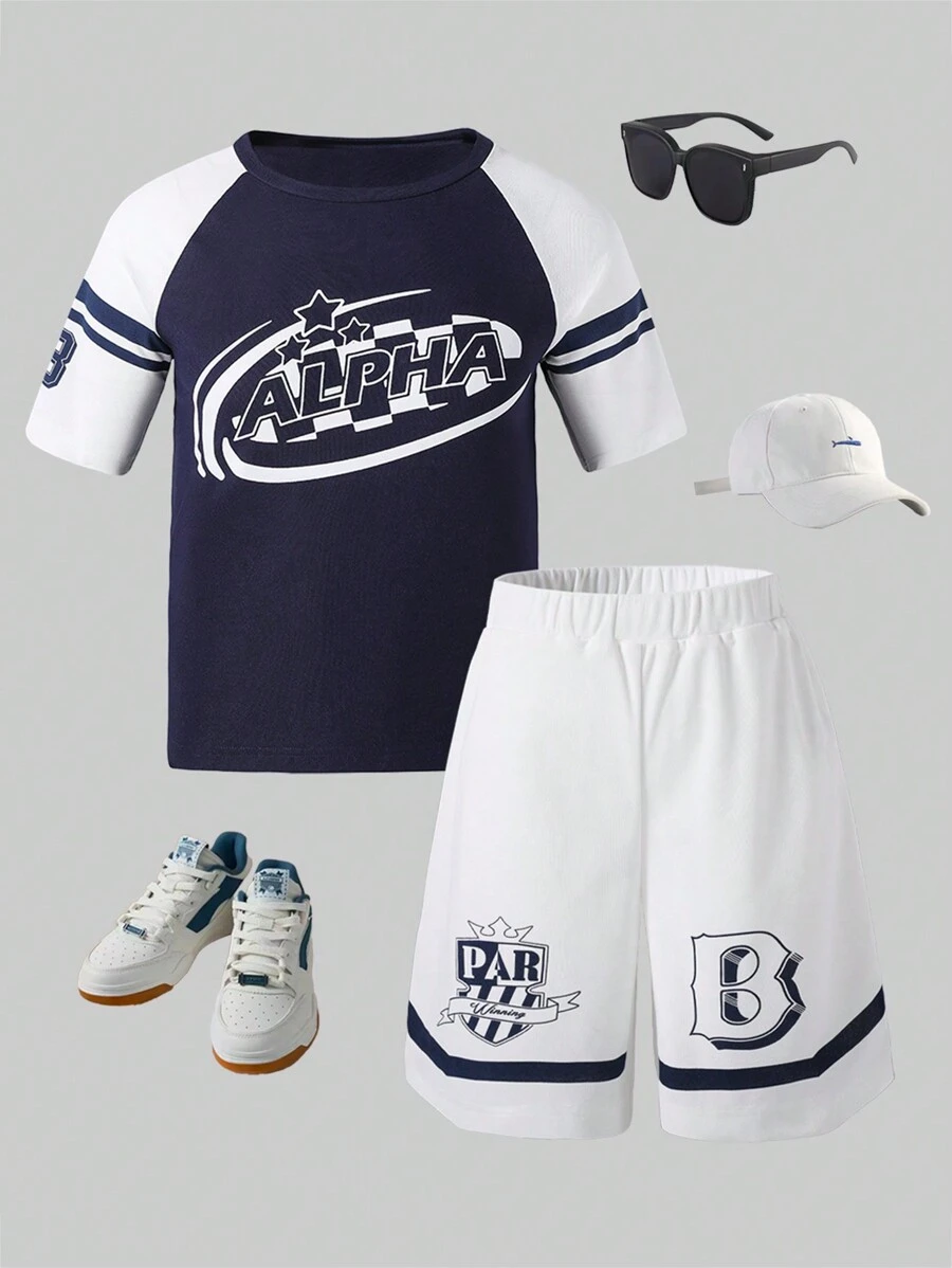 SHEIN 2 chiếc áo thun nam tay ngắn in họa tiết và quần short thường ngày, dành cho thanh thiếu niên và người lớn - màu đen - Xem 1
