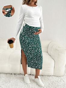 SHEIN Bộ sản phẩm dành cho bà bầu hàng ngày Áo vest không tay cổ tròn có thể điều chỉnh eo đàn hồi và xẻ bên hông, Bộ 2 món Slim Fit - màu xanh lá - Xem 5