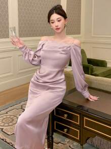 DAZY 女士纯色露肩开衩长袖日常连衣裙舞会礼服、秋季连衣裙 - 淡紫色 - 查看 5