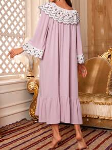 Moonlight&Mama 玫瑰与心形刺绣蕾丝边舒适孕妇睡裙，弹力宽领口，长袖睡衣裙 - 藕粉色 - 查看 2