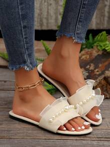 Women Faux Pearl Decor Ruffle Trim Slide Sandals, Elegant Sandals Valentines - Beige - View 4