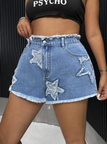 SHEIN ICON Plus Star Print Raw Hem Denim Shorts - Medium Wash - View 4
