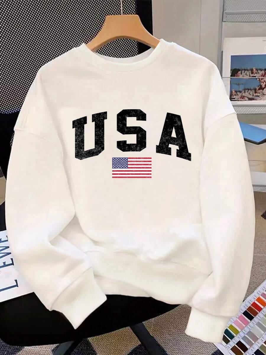 SHEIN Tween Boy 休闲简约美国图案长袖宽松套头厚运动衫，适合秋冬季