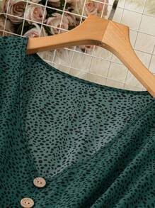 SHEIN LUNE Váy mùa hè in hoa cỡ lớn có viền nhún bèo và cổ chữ V dành cho nữ - màu xanh lá - Xem 3