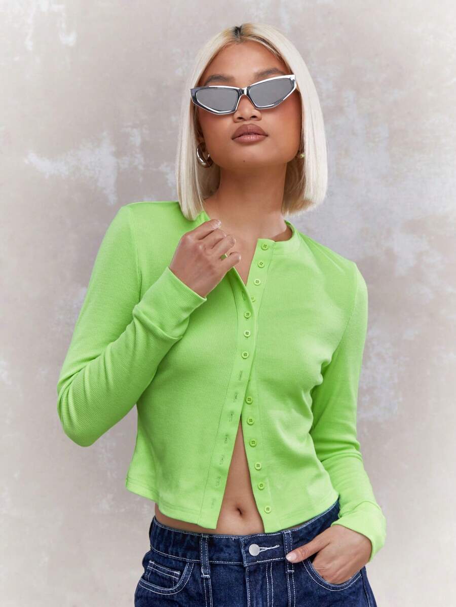 MISSGUIDED Áo thun gân tay dài cài nút phía trước - Màu Mù tạt vàng - Xem 1