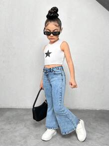 SHEIN Young Girls Y2K Blue Denim Flared Jeans,Summer Boho Thin Denim Pants,Young Girl Summer Cute Break Clothes Outfits - Light Wash - View 6