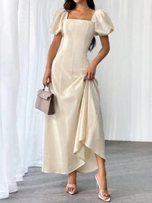 SHEIN Privé 女士純色簡約日常泡泡袖連身裙 - 杏色 - 查看 5