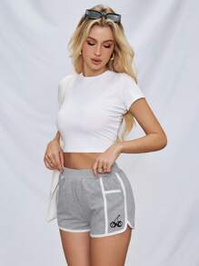 SHEIN Essnce Women's Spring/Summer Outdoor Sports Leisure Shorts With Color Blocking And Embroidery Design - Grey - View 1