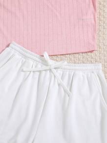 SHEIN Teen Girl Fresh & Sweet Bowknot Lace Trimmed Cami Top With Waist Drawstring Shorts, Summer Pajama Set