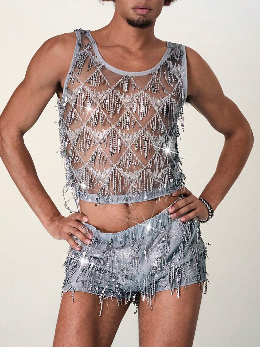 FeverCity 男士閃爍流蘇裝飾無袖背心和短褲套裝，夏季 - 彩色 - 查看 1