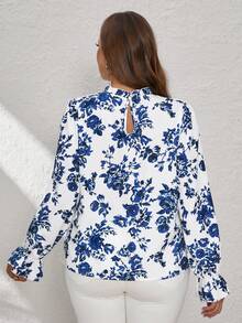 SHEIN Clasi Summer Stand Collar Long Sleeve Shirt For Plus Size - Blue and White - View 7