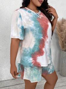 SHEIN VCAY Bộ quần short ngắn tay màu huỳnh quang Tie-Dye Beach Holiday - Nhiều màu - Xem 5