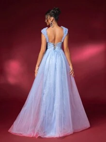 Glamrae 奢华优雅刺绣网眼礼服，带珍珠，3D 花卉肩带，双层不对称领口，胸罩杯，高腰，修身美人鱼裙，侧开衩，可拆卸网眼和亮片斗篷，适用于婚礼派对、晚会、舞会或正式场合舞会婚礼宾客礼服，适用于毕业典礼、晚宴 - 淺藍色 - 查看 5