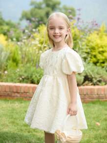 SHEIN Glamorique Kids Jupe de bulles florale avec accents de faux diamants, robe de princesse unie adaptée pour la fête d'anniversaire, les vacances, la demoiselle d'honneur - Champagne - Voir 5