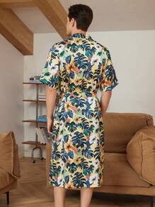 Men's Floral Print V-Neck Belted Short Sleeve Robe - Green - View 2